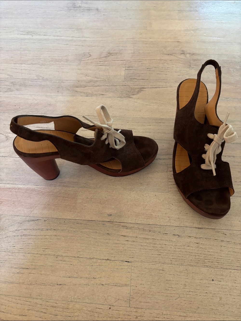 Chie Mihara Dark Brown Suede Open-Toe Slingback Heels with Cream Laces